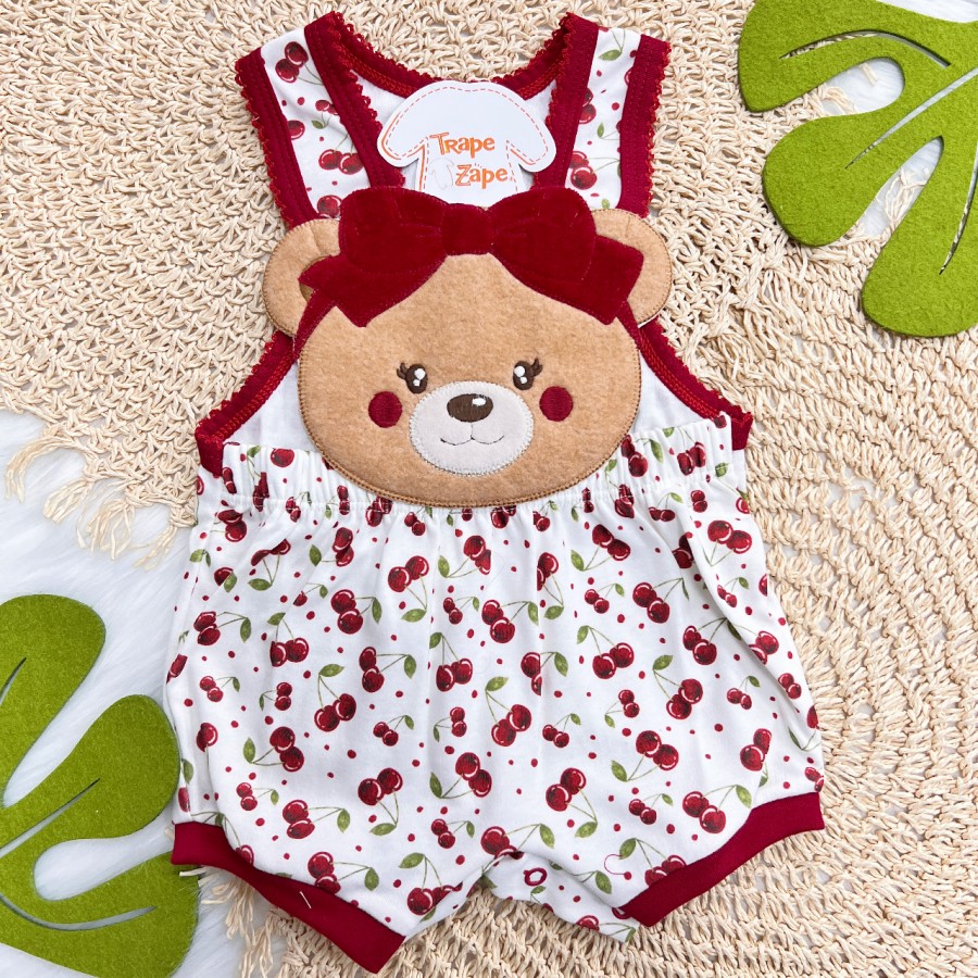 Banho de Sol Bordado - Ursinha com Cerejinhas - Vermelho